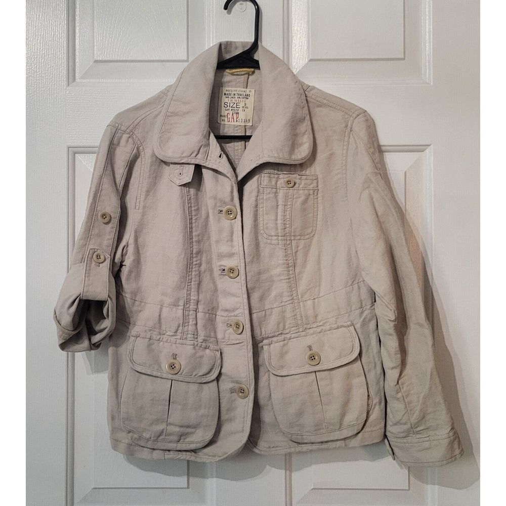 GAP Women's‎ Lightweight Utility Jacket Linen/Cotton Size Small Roll Tabs Kakhi